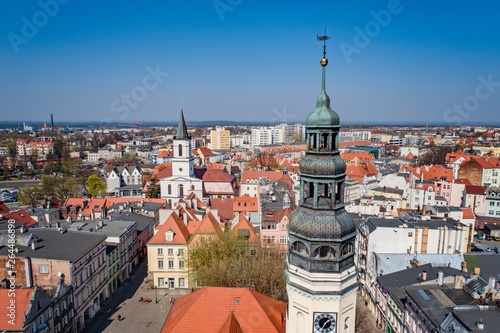 Aerial drone view on church tower in Zielona Gora