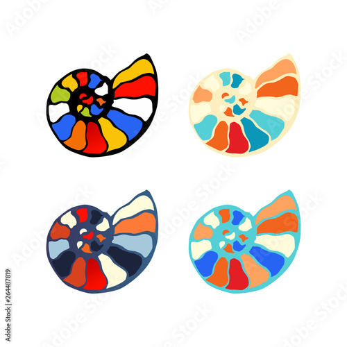 Fossil ammonite nautilus seashell vector logo. Hand drawn illustration for spa salon, seafood cafe, restaurant, corporate identity. Isolated vector of ancient ammonite fossil. Object for logo, card.
