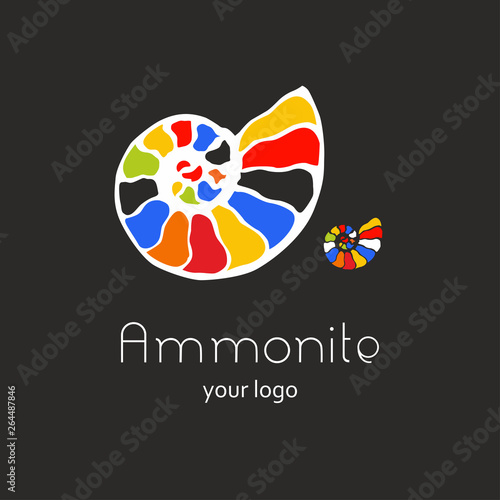 Fossil ammonite nautilus seashell vector logo. Hand drawn illustration for spa salon, seafood cafe, restaurant, corporate identity. Isolated vector of ancient ammonite fossil. Object for logo, card.