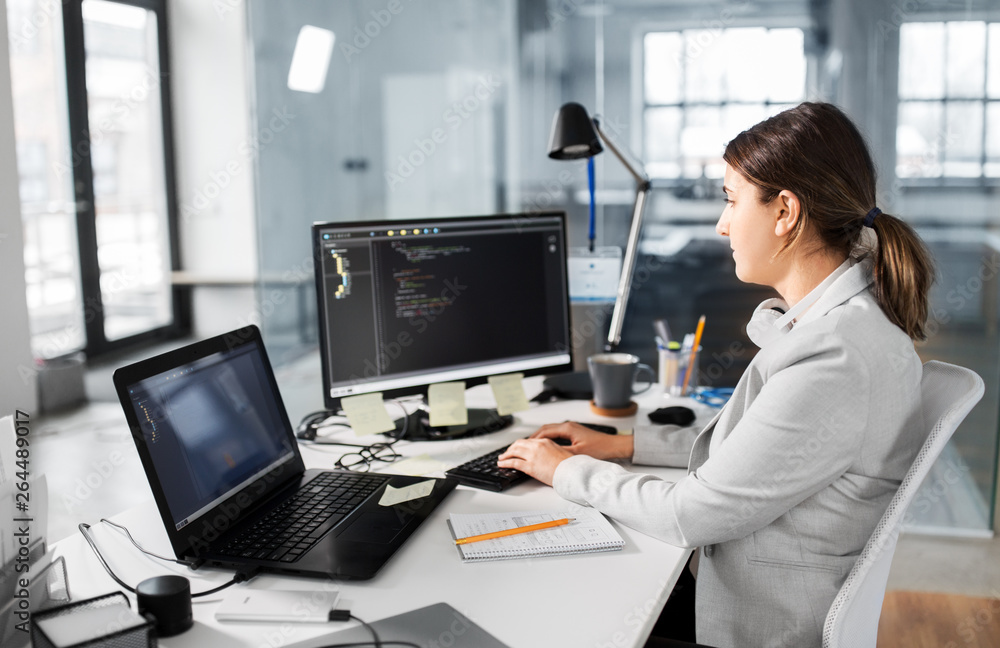 business, technology and people concept - businesswoman or programmer with computer working at office business, technology and people concept - businesswoman or programmer with computer working at office