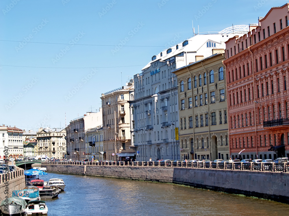 ST. PETERSBURG, RUSSIA. Moika River Embankment in sunny day