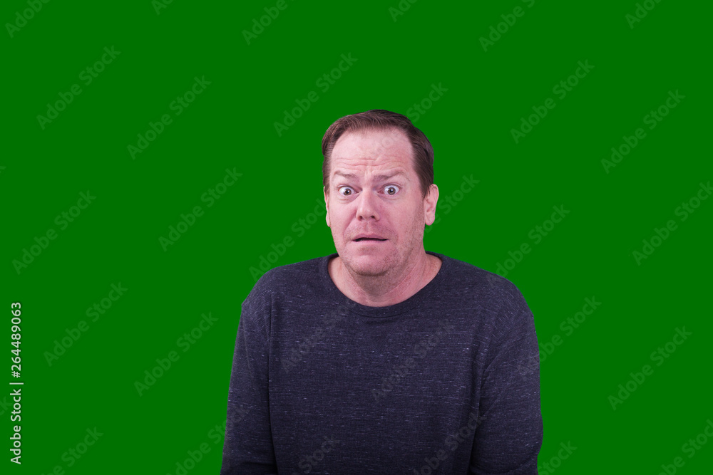 Portrait of a man with terrified facial expression photographed on green screen background Portrait of a man with terrified facial expression photographed on green screen background