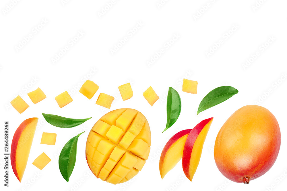 Mango fruit and half with slices isolated on white background with copy space for your text. Top view. Flat lay Mango fruit and half with slices isolated on white background with copy space for your text. Top view. Flat lay