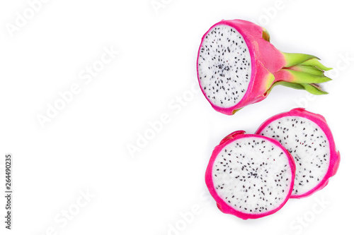 Dragon fruit, Pitaya or Pitahaya isolated on white background with copy space for your text. Top view. Flat lay