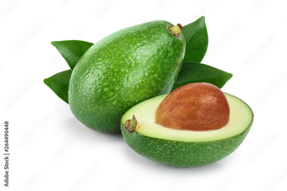 avocado and half with leaves isolated on white background close-up avocado and half with leaves isolated on white background close-up