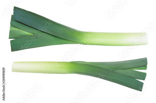 Leek vegetable closeup isolated on white background. Top view. Flat lay