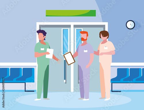 male medicine workers in elevator door