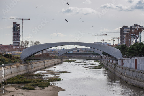 Принти на полотні Greenhouse and Slaughterhouse twin pedestrian bridges over river Manzanares in A