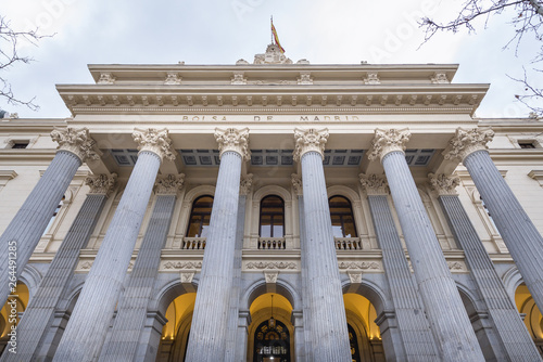 Facade of Stock Exchange on Lealtad square in Madrid, capital city of Spain