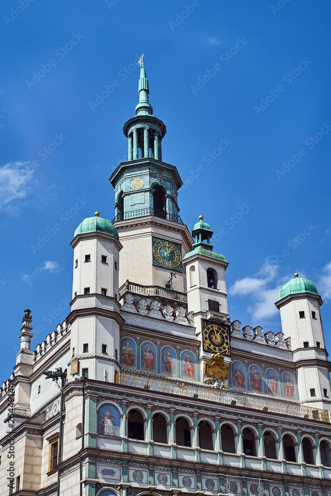 Renaissance town hall tower with clock in Poznan..