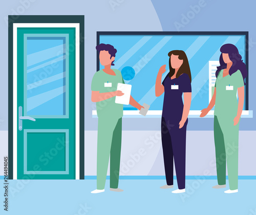 group medicine workers in hospital reception