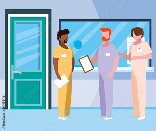 interracial male medicine workers in hospital reception