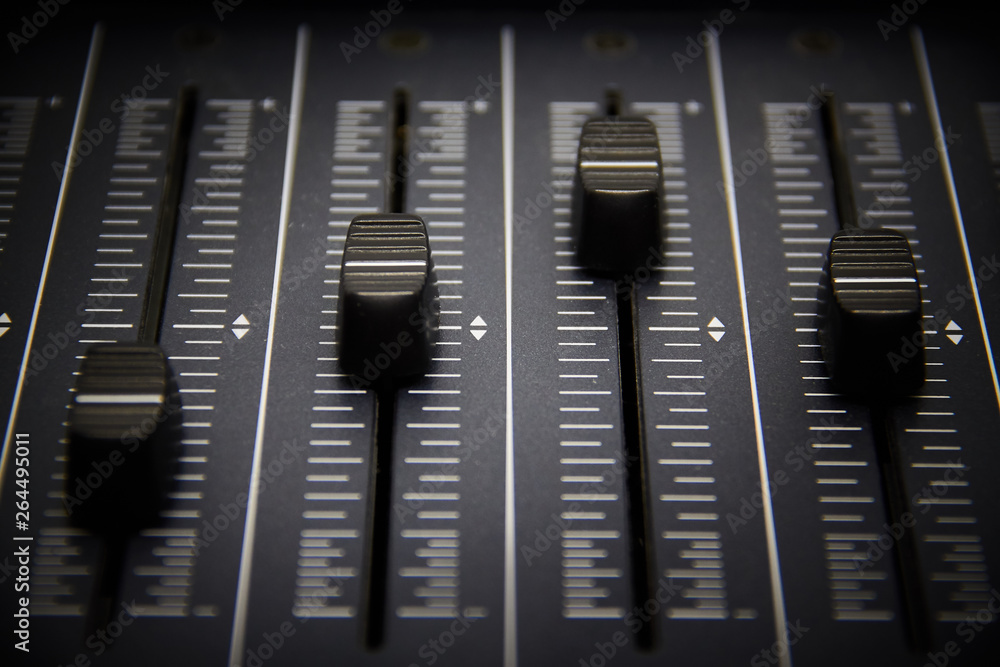 Audio mixer, mixing desk controls and fader, music mixing console with degraded effects for banners and backgrounds