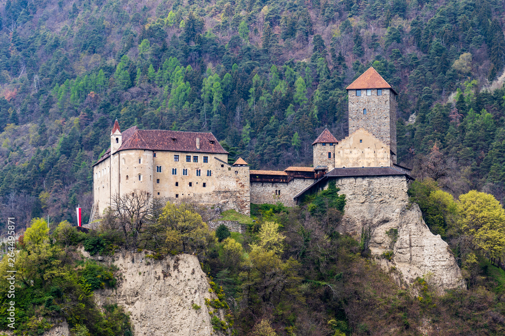 Detail view on Tyrol Castle. Tirol Village, Province Bolzano, South Tyrol, Italy.