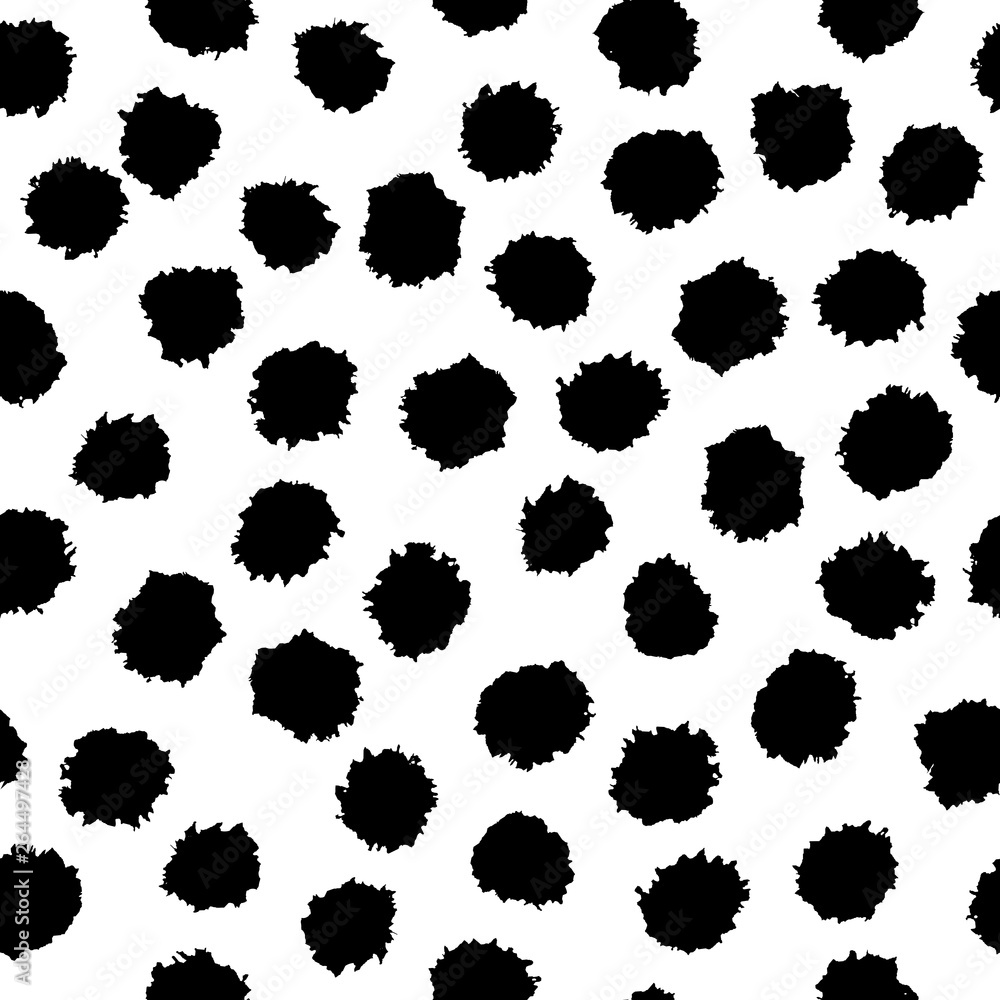 Hand drawn black and white brush stain seamless pattern. 