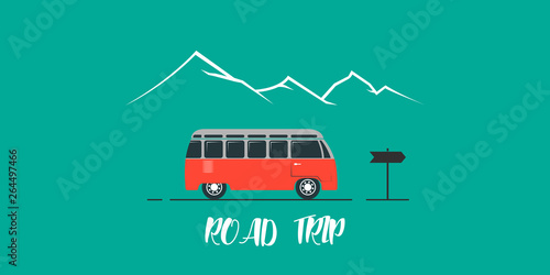 Vector flat poster on theme road trip, adventure, trailering, outdoor recreation, vacation, mountains. Modern flat design. Time to travel EPS10