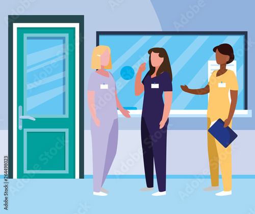interracial female medicine workers in hospital reception