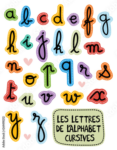 "Les lettres de l'alphabet cursives" in french  and it means "Alphabet cursive letters" / A b c  french cursive alphabets stickers and icons 