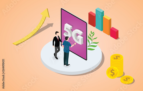 isometric 5g networks concept with team people business with high speed internet connectivity - vector