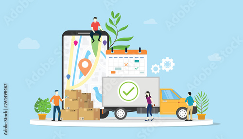 online delivery goods ecommerce concept with team people truck and mobile apps smartphone - vector