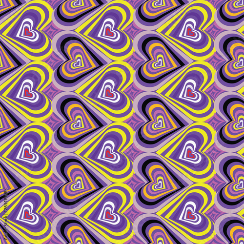 Abstract vector seamless op art pattern with stylized hearts. Graphic yellow, neon, black, lilac, orange and purple ornaments. Striped optical illusion repeating texture.