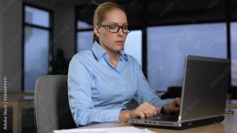 Tired woman thinking over business project, working extra hours, lack of ideas Tired woman thinking over business project, working extra hours, lack of ideas