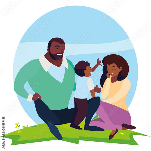 black parents couple with son in the landscape