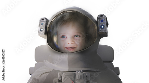 Little kid boy wearing astronaut helmet on white background © de Art