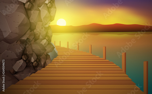 Wooden walkway board at the rocky mountains by the river in the morning