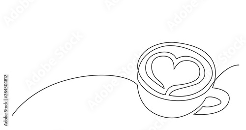 continuous line drawing of cappuccino coffee cup with heart on foam