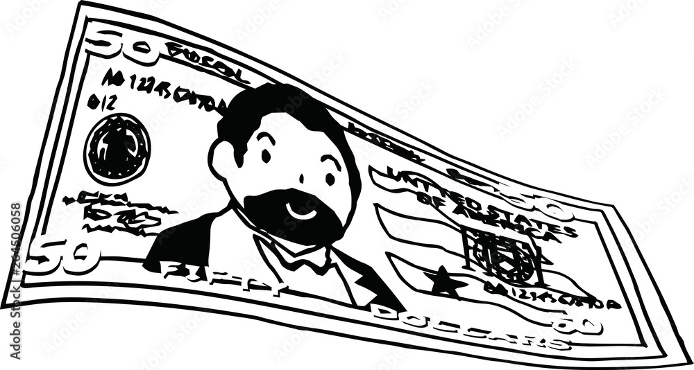 Fototapeta premium Deformed Cute hand-painted 50 US dollar banknote outline 