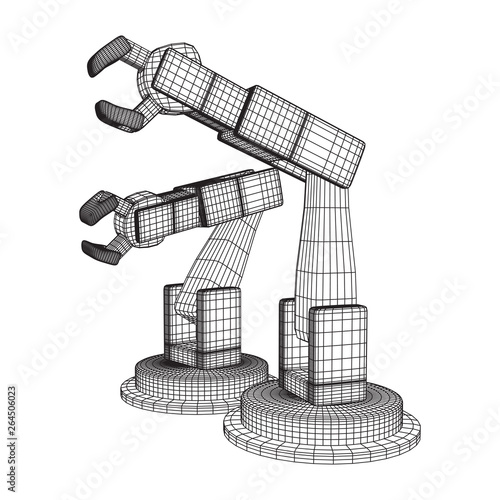 Robotic arm manufacture technology industry assembly mechanic hand wireframe low poly mesh vector illustration