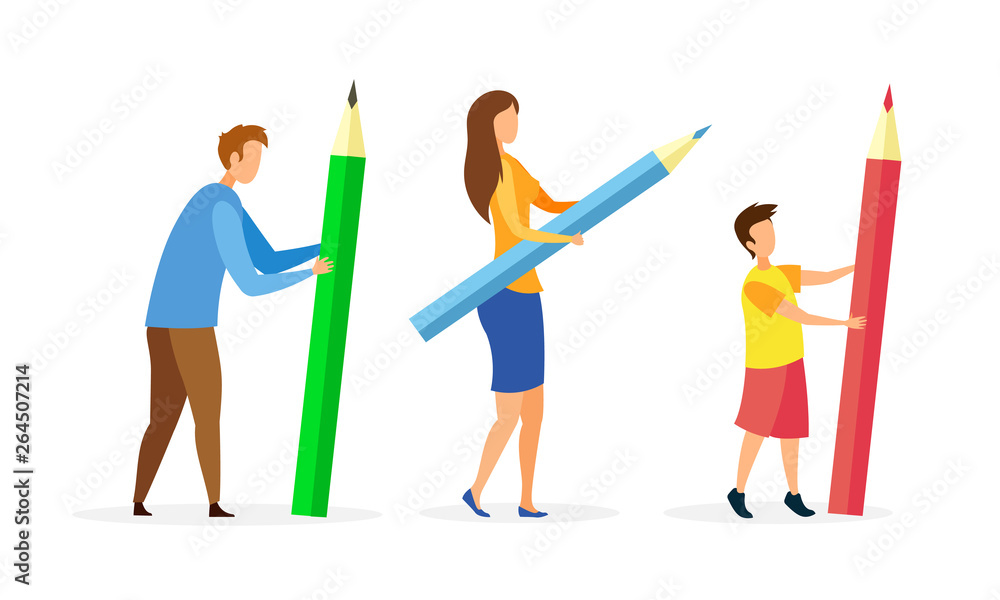 Fototapeta premium People Holding Huge Pencils Cartoon Characters Set