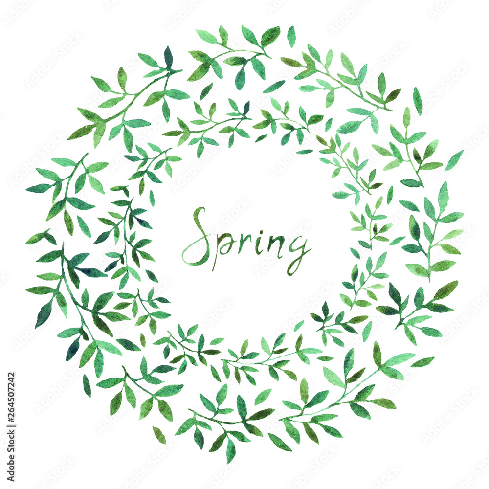 Spring sale banner, poster template with spring flowers. Frame with contour green and blue leaves on white background. Watercolor painting for design with text.