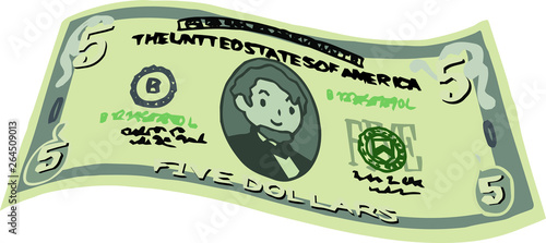 Deformed Cute hand-painted 5 US dollar banknote