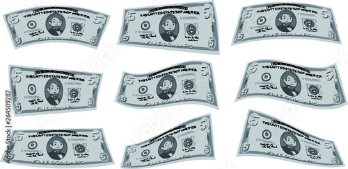 Monochrome Deformed Cute hand-painted 5 US dollar banknote set