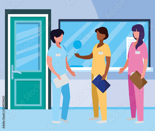 interracial female medicine workers in hospital reception