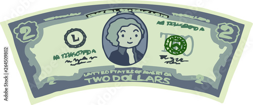 Deformed Cute hand-painted 2 US dollar banknote