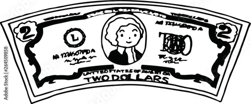 Deformed Cute hand-painted 2 US dollar banknote outline