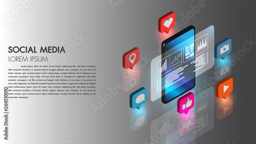 Social media flat 3d isometric concept vector icon with mobile phone technology connect database digital cyber process vector illustration.