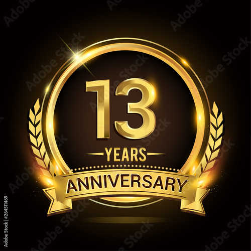 Celebrating 13th years anniversary logo with golden ring and ribbon, laurel wreath vector design.