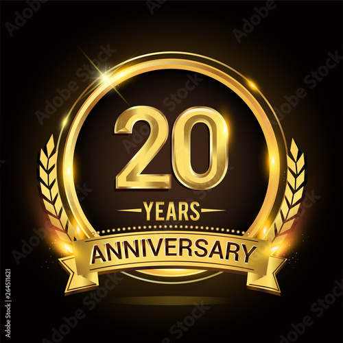 Celebrating 20th years anniversary logo with golden ring and ribbon, laurel wreath vector design.