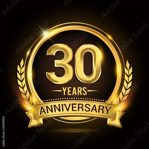 Celebrating 30th years anniversary logo with golden ring and ribbon, laurel wreath vector design.