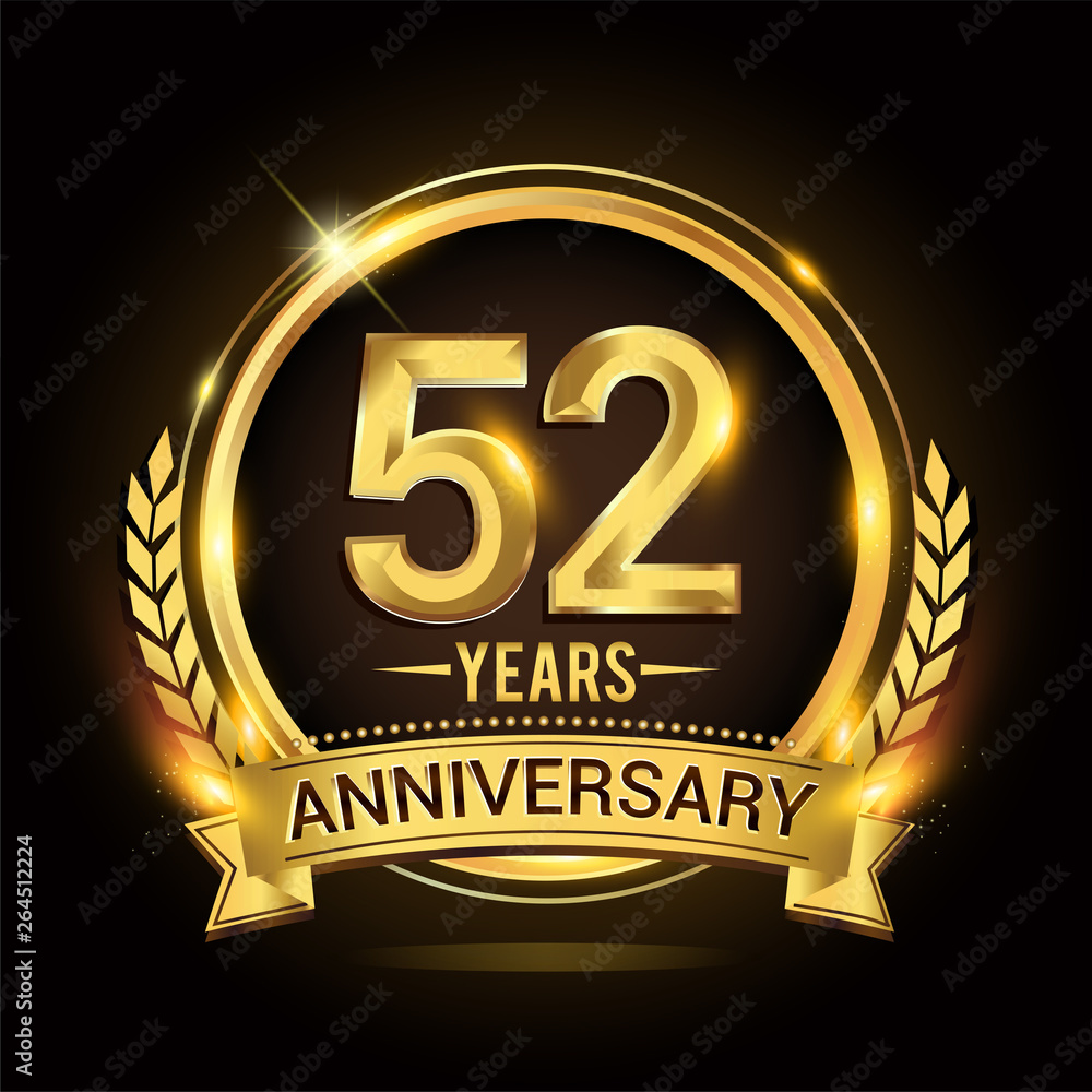 Celebrating 52nd years anniversary logo with golden ring and ribbon, laurel wreath vector design. Celebrating 52nd years anniversary logo with golden ring and ribbon, laurel wreath vector design.