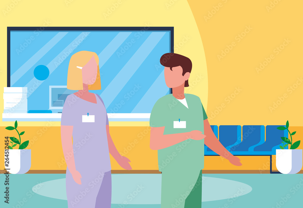 couple medicine workers in hospital reception couple medicine workers in hospital reception