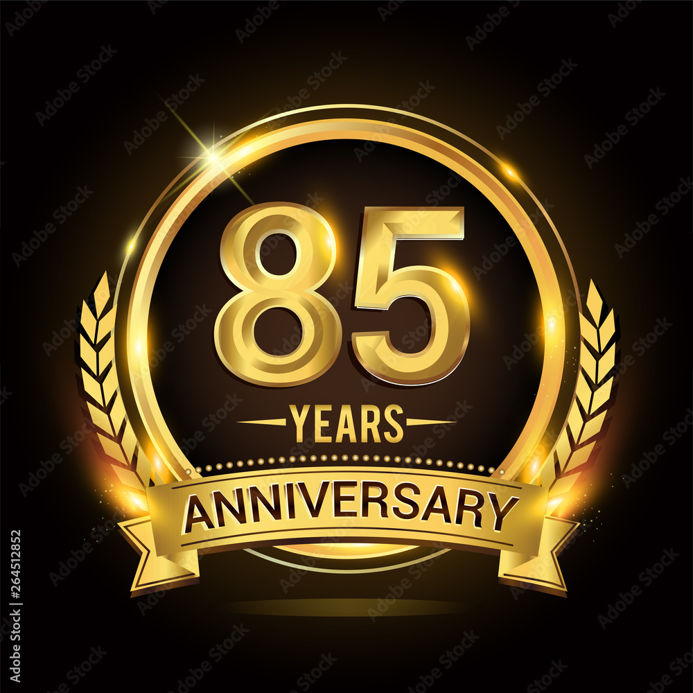 Naklejka premium Celebrating 85th years anniversary logo with golden ring and ribbon, laurel wreath vector design.