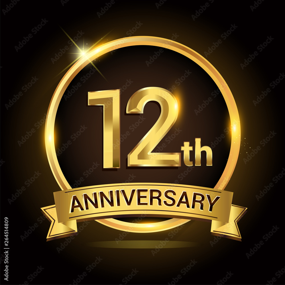12th golden anniversary logo, with shiny ring and ribbon, laurel wreath isolated on black background, vector design 12th golden anniversary logo, with shiny ring and ribbon, laurel wreath isolated on black background, vector design