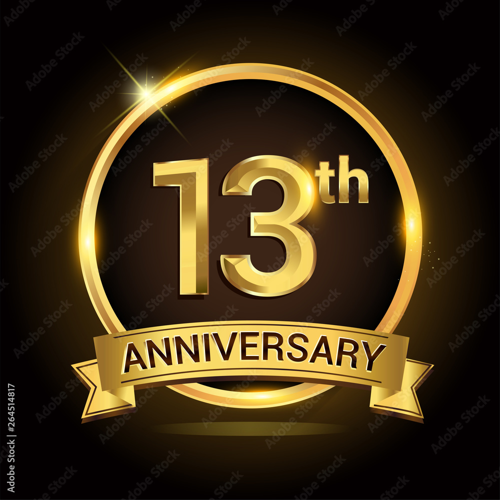 13th golden anniversary logo, with shiny ring and ribbon, laurel wreath isolated on black background, vector design 13th golden anniversary logo, with shiny ring and ribbon, laurel wreath isolated on black background, vector design