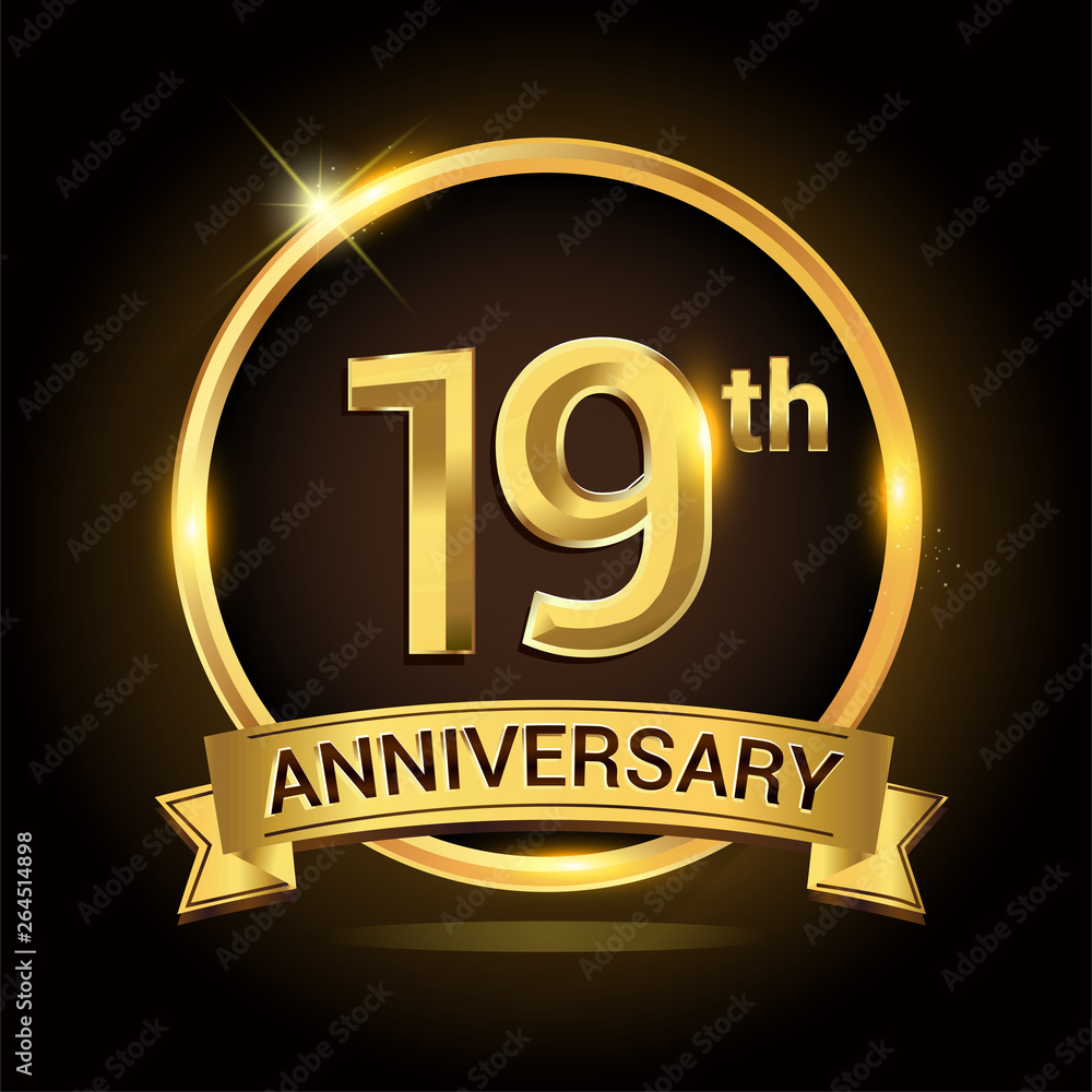 19th golden anniversary logo, with shiny ring and ribbon, laurel wreath isolated on black background, vector design 19th golden anniversary logo, with shiny ring and ribbon, laurel wreath isolated on black background, vector design
