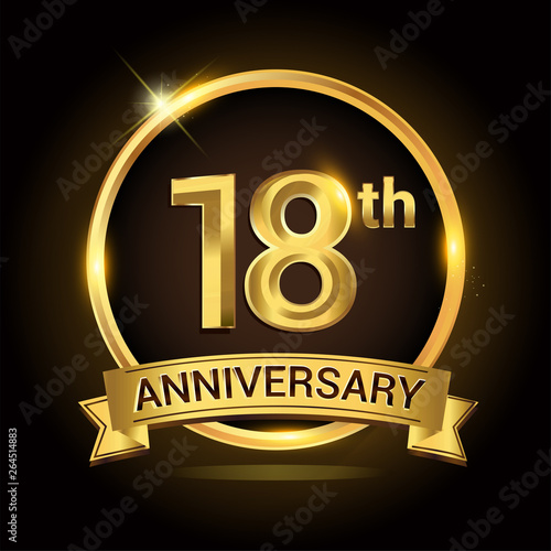 18th golden anniversary logo, with shiny ring and ribbon, laurel wreath isolated on black background, vector design